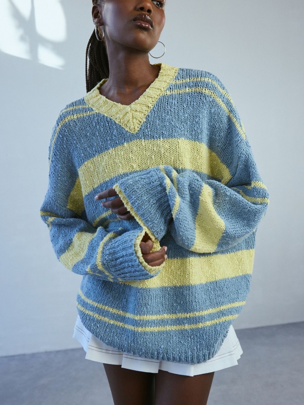 BDG Blue and Yellow Striped V-Neck Sweater